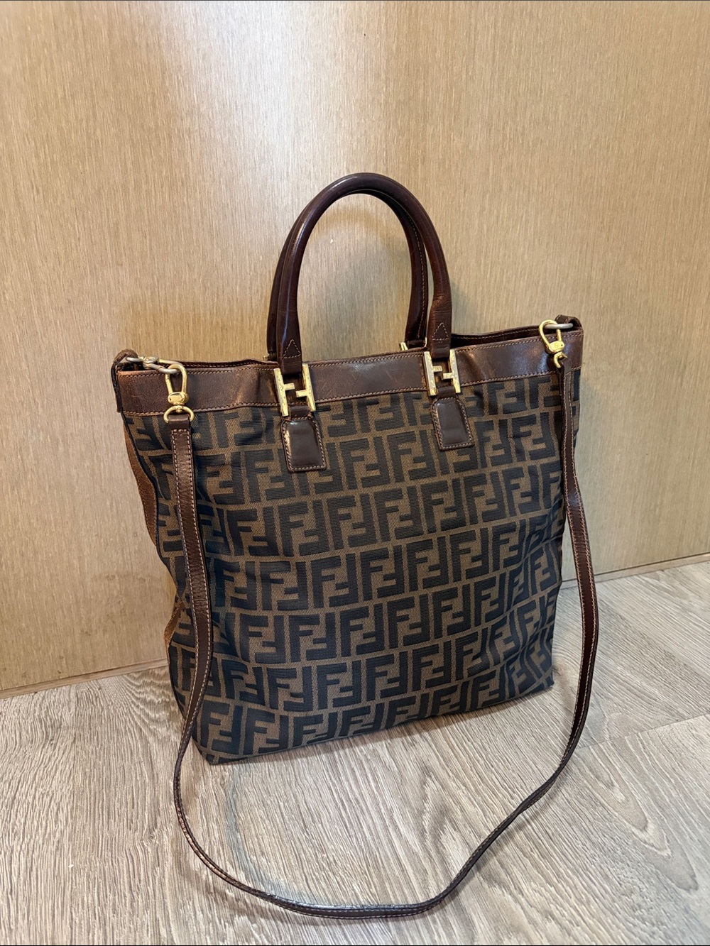 Authentic Vintage Fendi Brown Zucca Logo Tote with Leather Trim